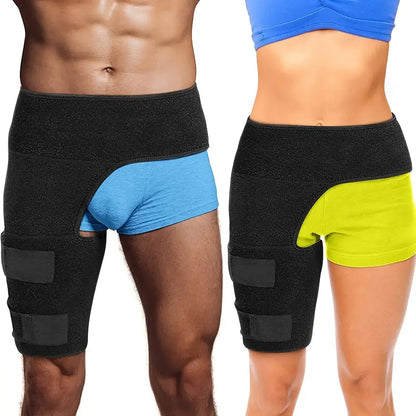Neopren hoftestøtte til smertelindring i iskias, lyske og lår. Justerbar kompression, unisex-design